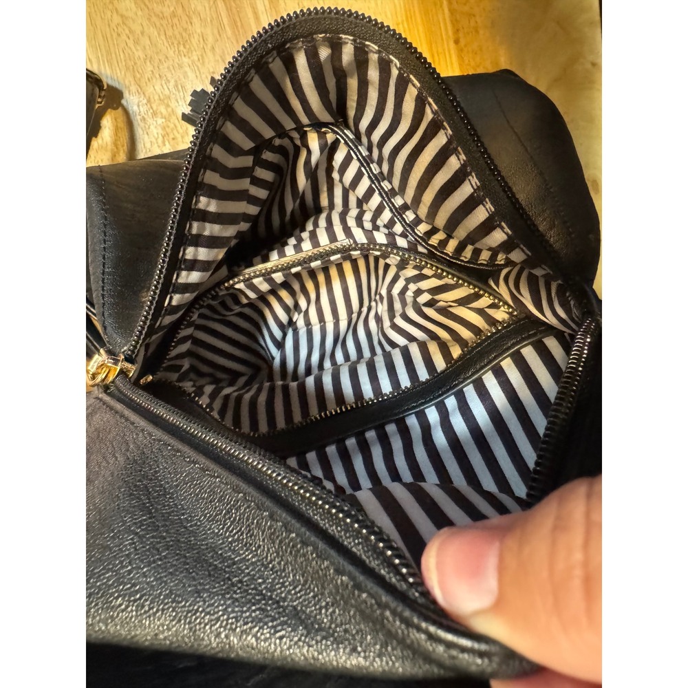 Mystique Black Vegan Leather Tassel Backpack Gold Hardware Striped Lining - Picture 7 of 7